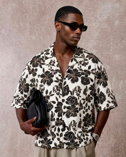 Men’s Black & White Floral Linen Short Sleeve Shirt – Relaxed Fit Resort Wear | Vibes & Styles